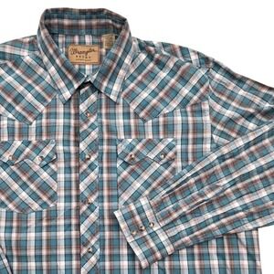 Wrangler Retro Plaid Western Pearl Snap Shirt Teal Brown Mens XXL